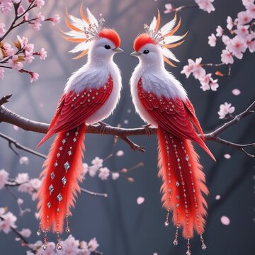 The image depicts two fairy-tale birds perched on a branch, adorned with bright red plumage and sparkling gem spots, surrounded by cherry blossoms and soft lighting.