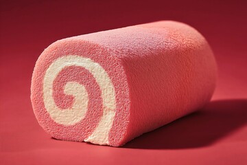 Obraz premium Pink swiss roll cake with white cream filling displayed on red background showing perfect spiral swirl texture in clean minimalist food photography style for dessert concept.