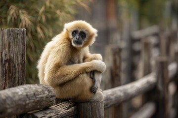 Obraz premium Young Gibbon's Serene Pose: A Rustic, Melancholy Portrait
