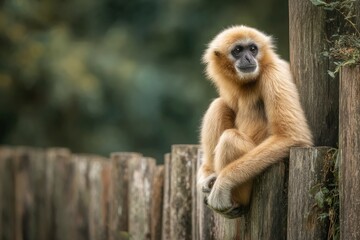 Obraz premium Golden Gibbon: Serene Posture on Rustic Fence, Peaceful Wildlife Photography