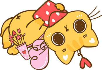 Cute Kawaii Cupid Valentine Orange Cat with love mail Cartoon Doodle hand Drawing