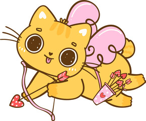 Cute Kawaii Cupid Valentine Orange Cat shooting arrow Cartoon Doodle hand Drawing
