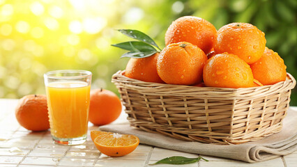 Orange in wicker basket with Orange juice and water drop and some orange on table in Natural...