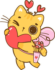 Cute Cupid Kawaii Valentine Orange Cat hug tiny heart Cartoon Doodle hand Drawing