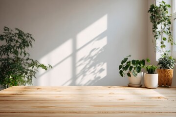Sunlit Wooden Tabletop with Lush Greenery: A Serene Minimalist Scene