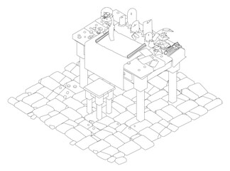 A table with a chair and a potted plant on it. The table is surrounded by a stone floor. Isometric view. 3D