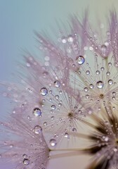Naklejka premium Dandelion Seed Head with Water Droplets - Abstract Floral Macro Photography for Botanical Art, Backgrounds, and Wellness Imagery