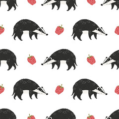 Cartoon style badger forest animal and sweet fruits strawberry seamless pattern illustration design for kids fabric print background
