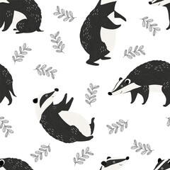Seamless pattern with cartoon style badgers characters and decorative leaf design elements repeated on white background.