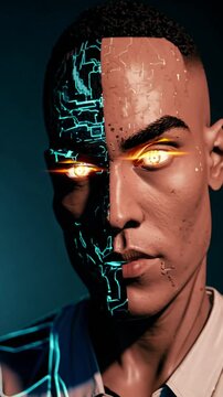 Portrait futuriste d'un homme mi-humain mi-cyborg aux yeux lumineux

