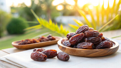 Dates in wooden plate on white table in Arabian natural sunny day Background, Dates in plate on table