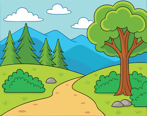 Obraz premium Cartoon landscape with trees mountains clouds and a winding path through a green field scene