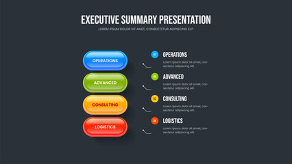 Professional Growth 4 Element Diagram Presentation Design. Investor Performance Four Step Infographic Slide Layout. Company Planning Frame Template Vector Illustration.