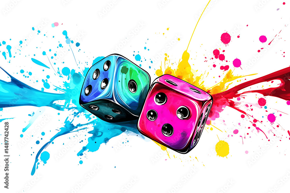 Aufkleber colorful dice splashing vibrant paint, creating a playful and dynamic visual effect