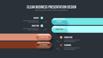 Company Development 4 Option Diagram Presentation Template. Advertising Planning Slide Design Vector Illustration. Enterprise Profile Four Step Infographic Slideshow Layout.