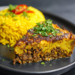 South African bobotie with golden crust, side of yellow rice