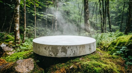 Large, smooth concrete disc in a misty forest setting.