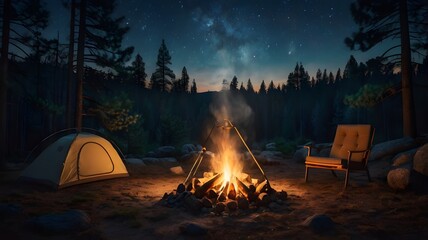 Night camping scene in the wilderness, coffee brewing over firewood flames, smoke rising gently, warm light contrasting with the dark forest backdrop, cinematic composition,Generative Ai
