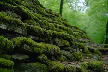 Mystical ancient ruins cloaked in lush green moss and vines within a serene forest setting