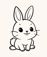 Obraz premium A cute bunny with a friendly smile sits upright, looking directly at the viewer in a simple, black and white line drawing.