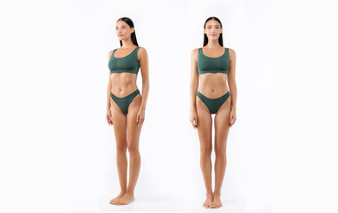 Full length shot of front and half turned view of slim lady in green underwear posing on white studio background, collage