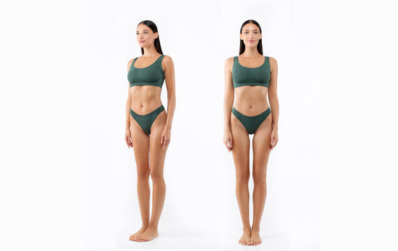 Full length shot of front and half turned view of slim lady in green underwear posing on white studio background, collage