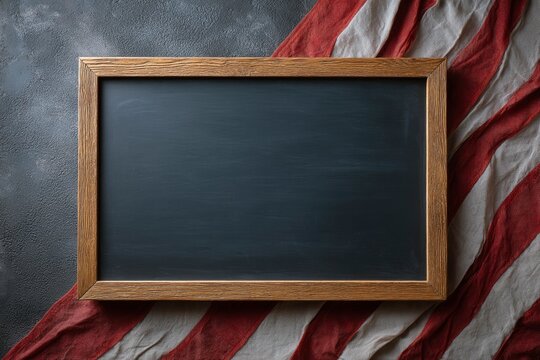 Rustic Wooden Frame Chalkboard on Patriotically Striped Fabric - Powered by Adobe