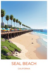 Seal beach California United states Travel Poster Illustration Print Decor Gift Canvas Wall Art Gift