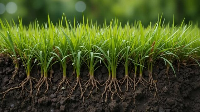 Green grass cross section showing roots and soil