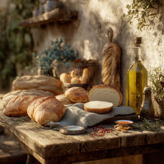 A rustic wooden table with a spread of freshly baked artisan breads, olive oil, and herbs
