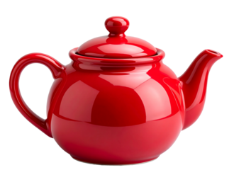 Bright Scarlet Ceramic Teapot with Lid and Side Handle, Transparent Cut-Out