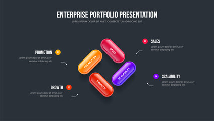 Digital Innovation 4 Element Infographic Slide Design. Market Planning Slideshow Template Vector Illustration. Visual Portfolio Four Step Diagram Frame Layout.