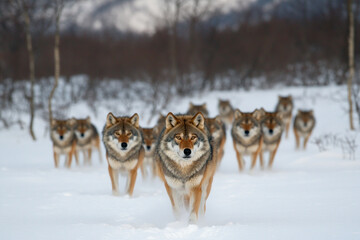 Naklejka premium Pack of wolves traverses snowy landscape in search of food during winter