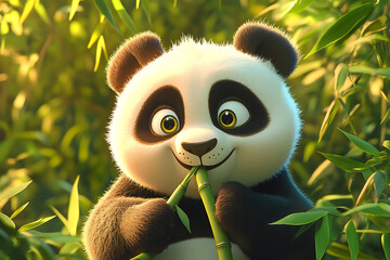 Playful panda enjoying bamboo in a lush green forest, surrounded by vibrant foliage and sunlight