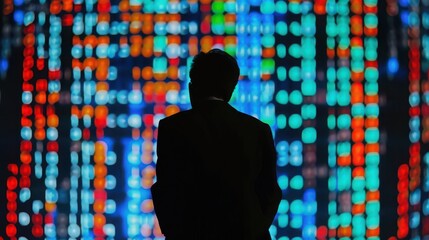 Silhouette of a person facing a colorful wall of lights in a dark environment from the back view