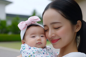 Parent lovingly cradling newborn baby outdoors in a serene environment under soft daylight