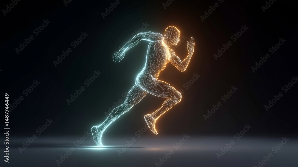 Poster abstract wireframe rendering of a running human figure glowing in the dark