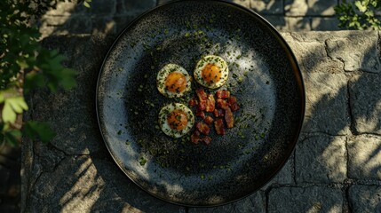 Breakfast eggs with bacon on dark plate