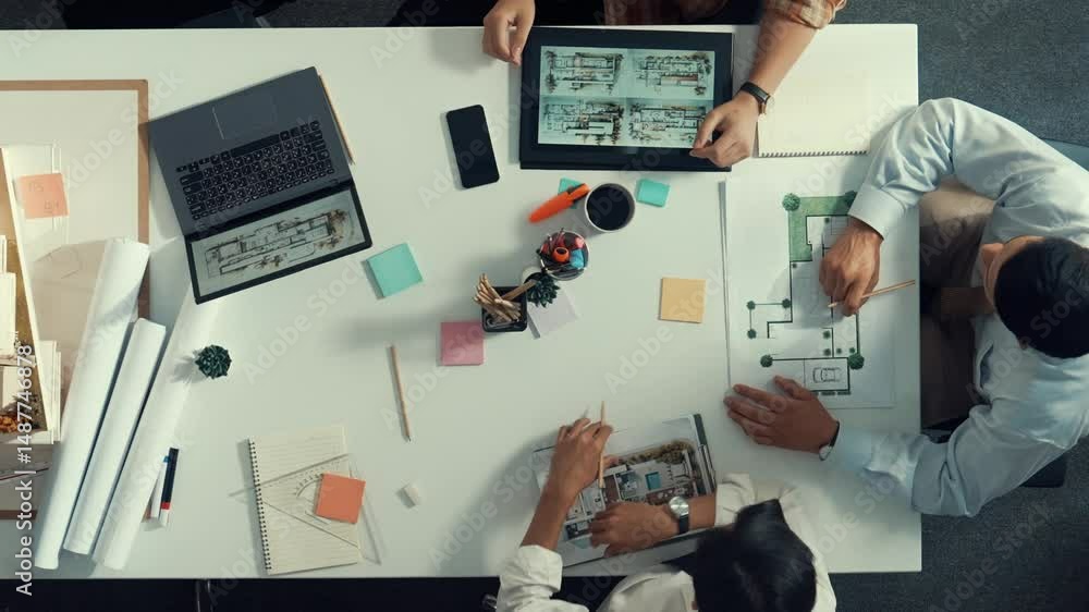 Poster architect team discussing and pointing and presenting blueprint to interior designer. aerial view pr
