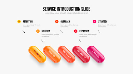 Modern Briefing Slide Template Vector Illustration. Digital Campaign Five Step Infographic Frame Design. Sales Launch 5 Element Diagram Slideshow Layout.