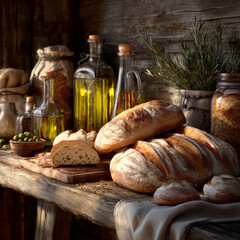 A rustic wooden table with a spread of freshly baked artisan breads, olive oil, and herbs