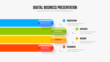 Service Development Four Step Infographic Presentation Template. Modern Analysis 4 Option Diagram Frame Design. Corporate Plan Slideshow Layout Vector Illustration.