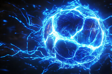Electrifying soccer ball surrounded by glowing blue energy in a dynamic, dark background