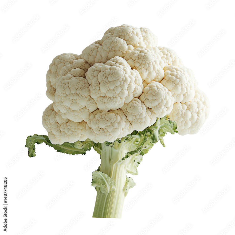Poster Cauliflower with a dense, textured head and green leaves at the base, showcasing its unique shape and color. isolated on white background and transparent background