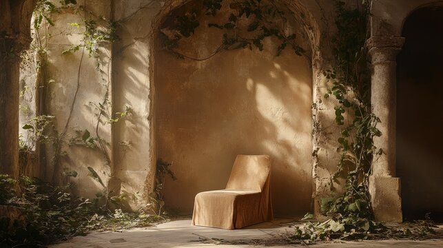 A muted terracotta chair in a sun-drenched ruin.