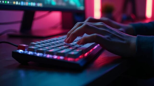 Hands typing on a lit keyboard in a modern gaming setup  