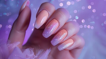 A hand displaying long ombre nails with glitter against a bokeh background in a soft purple hue