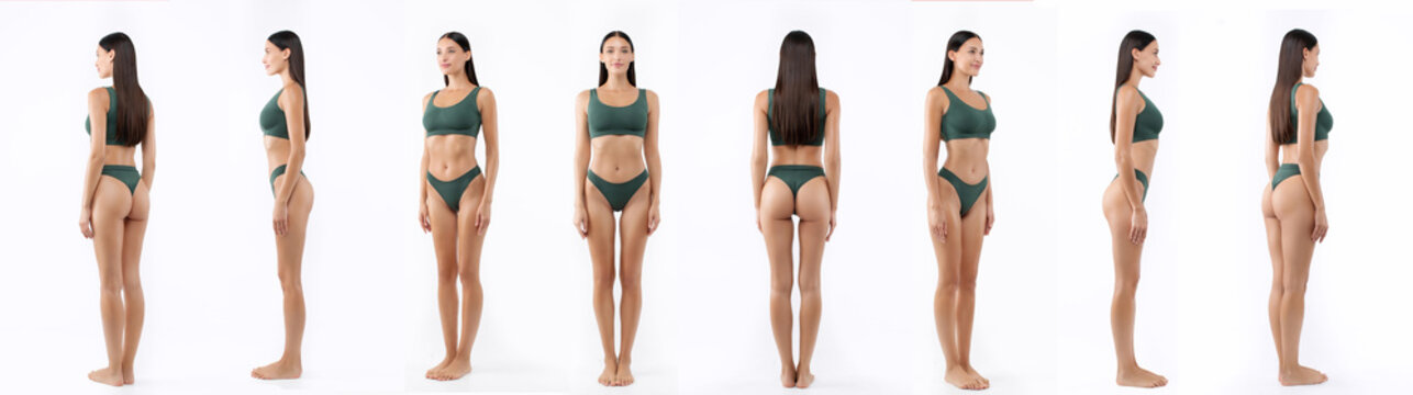 Set of various angles of young woman wearing green lingerie, posing against white studio background, panorama, full length shot