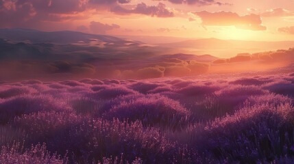 Obraz premium Lavender field under a beautiful sunset with mountains and clouds in the distance at golden hour