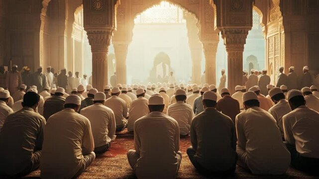 A large group of people are gathered in a room with arches above them, and the sun is shining through the openings. The atmosphere is calm and tranquil, as everyone is sitting and meditating together